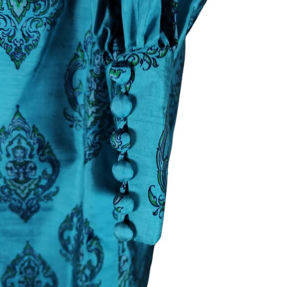 Vintage 60s Novelty Budda Print Cocktail Dress Size 2 Blue Silk Empire Waist - Picture 7 of 15